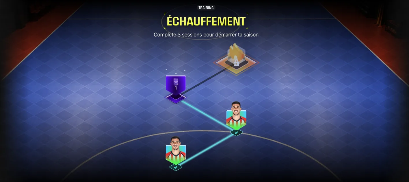 Écran d'échauffement du Set Sorare Divination : 3 sessions de training à compléter pour démarrer la saison